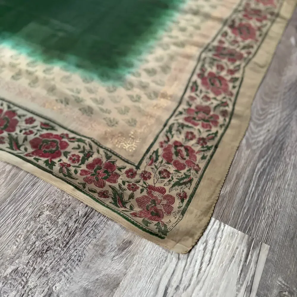 Vintage 70s Indian Floral Block Print Scarf Green Boho Sheer Wrap